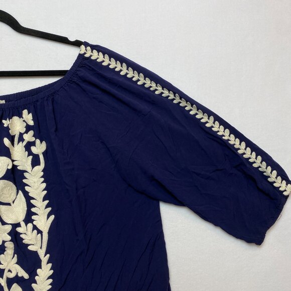 Solitaire Boho Embroidered Floral Blouse Top Women's 2X Blue 3/4 Cold Shoulder - Picture 2 of 11